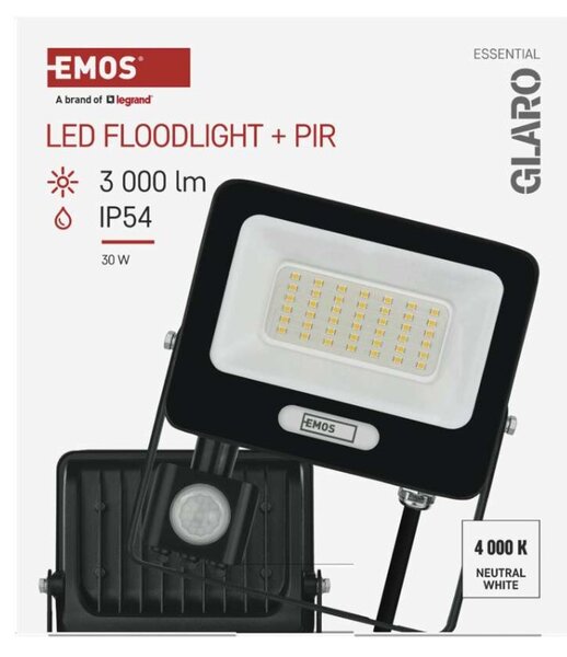 EMOS LED reflektor GLARO s pohybovým čidlem, 30 W, černý, IP54, 3000 lm, neutrální bílá 1531233400