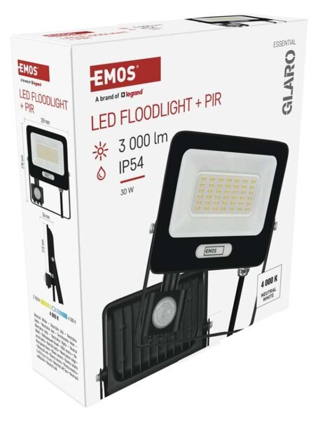 EMOS LED reflektor GLARO s pohybovým čidlem, 30 W, černý, IP54, 3000 lm, neutrální bílá 1531233400