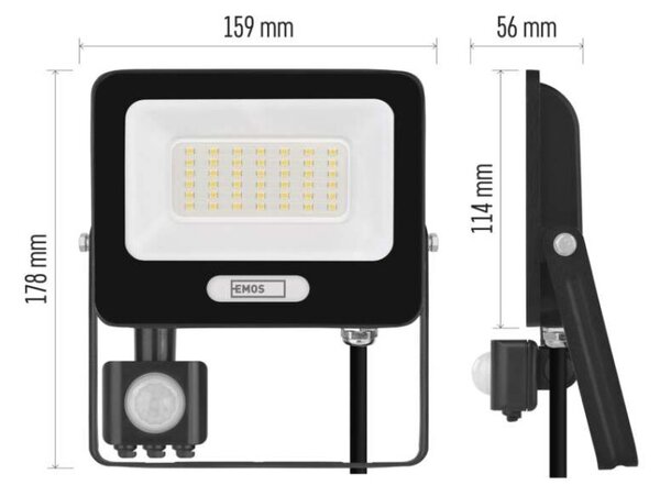 EMOS LED reflektor GLARO s pohybovým čidlem, 30 W, černý, IP54, 3000 lm, neutrální bílá 1531233400