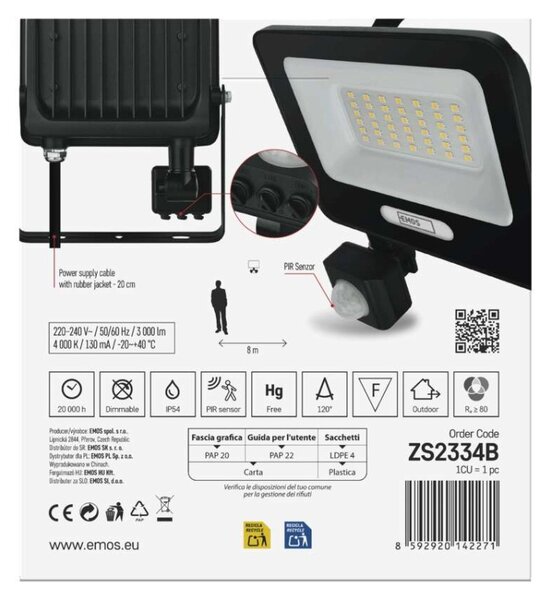 EMOS LED reflektor GLARO s pohybovým čidlem, 30 W, černý, IP54, 3000 lm, neutrální bílá 1531233400