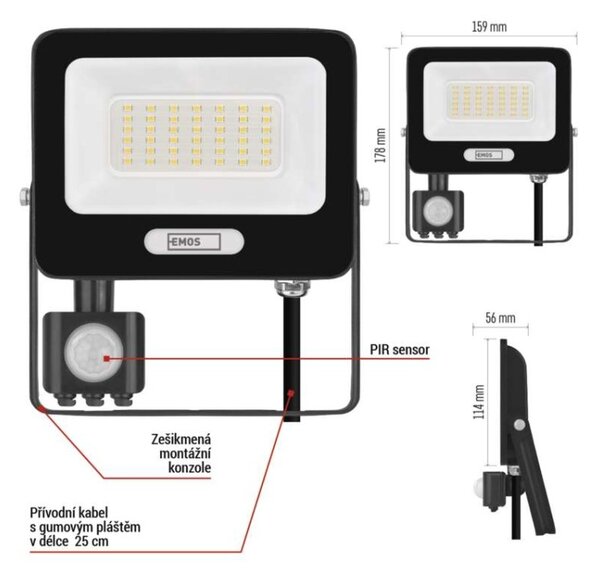 EMOS LED reflektor GLARO s pohybovým čidlem, 30 W, černý, IP54, 3000 lm, neutrální bílá 1531233400