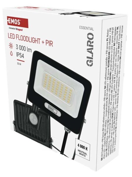 EMOS LED reflektor GLARO s pohybovým čidlem, 30 W, černý, IP54, 3000 lm, neutrální bílá 1531233400