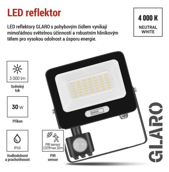 EMOS LED reflektor GLARO s pohybovým čidlem, 30 W, černý, IP54, 3000 lm, neutrální bílá 1531233400