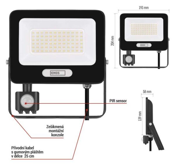 EMOS LED reflektor GLARO s pohybovým čidlem, 50 W, černý, IP54, 5000 lm, neutrální bílá 1531234400