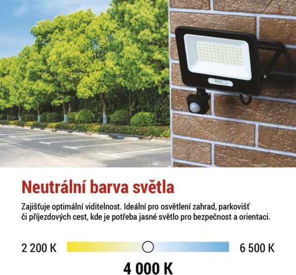 EMOS LED reflektor GLARO s pohybovým čidlem, 50 W, černý, IP54, 5000 lm, neutrální bílá 1531234400