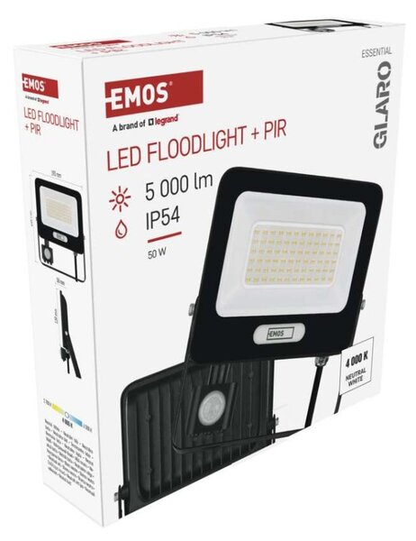 EMOS LED reflektor GLARO s pohybovým čidlem, 50 W, černý, IP54, 5000 lm, neutrální bílá 1531234400