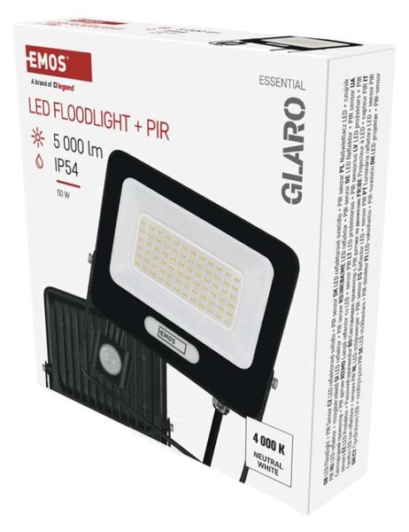 EMOS LED reflektor GLARO s pohybovým čidlem, 50 W, černý, IP54, 5000 lm, neutrální bílá 1531234400