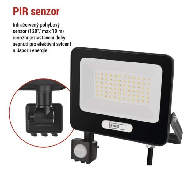 EMOS LED reflektor GLARO s pohybovým čidlem, 50 W, černý, IP54, 5000 lm, neutrální bílá 1531234400