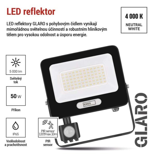 EMOS LED reflektor GLARO s pohybovým čidlem, 50 W, černý, IP54, 5000 lm, neutrální bílá 1531234400