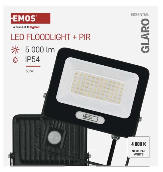 EMOS LED reflektor GLARO s pohybovým čidlem, 50 W, černý, IP54, 5000 lm, neutrální bílá 1531234400