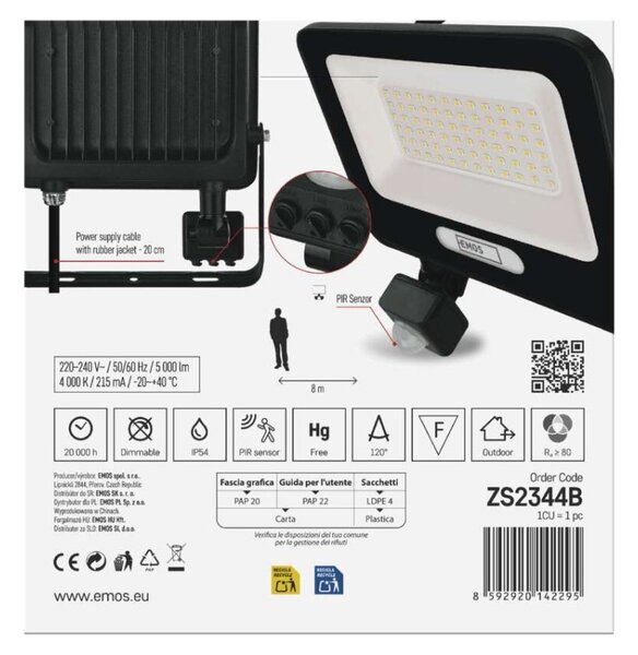 EMOS LED reflektor GLARO s pohybovým čidlem, 50 W, černý, IP54, 5000 lm, neutrální bílá 1531234400
