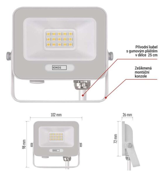 EMOS LED reflektor GLARO 10W, bílý, IP65, 1000 lm, neutrální bílá 1531221401
