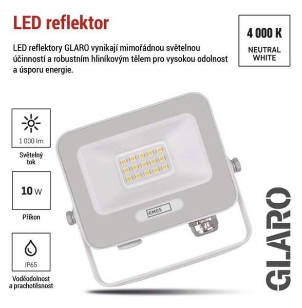 EMOS LED reflektor GLARO 10W, bílý, IP65, 1000 lm, neutrální bílá 1531221401