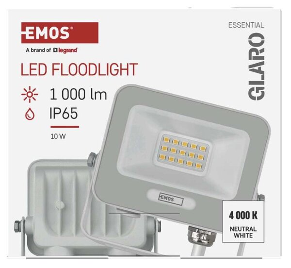 EMOS LED reflektor GLARO 10W, bílý, IP65, 1000 lm, neutrální bílá 1531221401