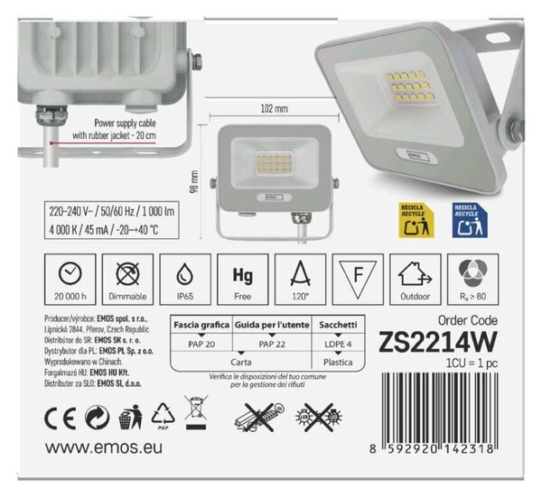 EMOS LED reflektor GLARO 10W, bílý, IP65, 1000 lm, neutrální bílá 1531221401
