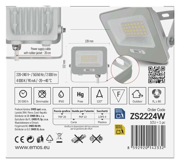 EMOS LED reflektor GLARO 20W, bílý, IP65, 2000 lm, neutrální bílá 1531222401