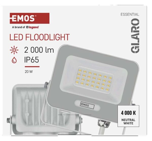 EMOS LED reflektor GLARO 20W, bílý, IP65, 2000 lm, neutrální bílá 1531222401