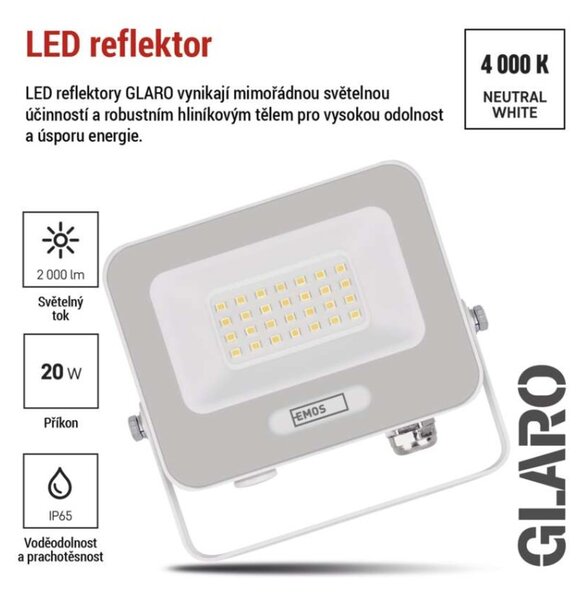 EMOS LED reflektor GLARO 20W, bílý, IP65, 2000 lm, neutrální bílá 1531222401