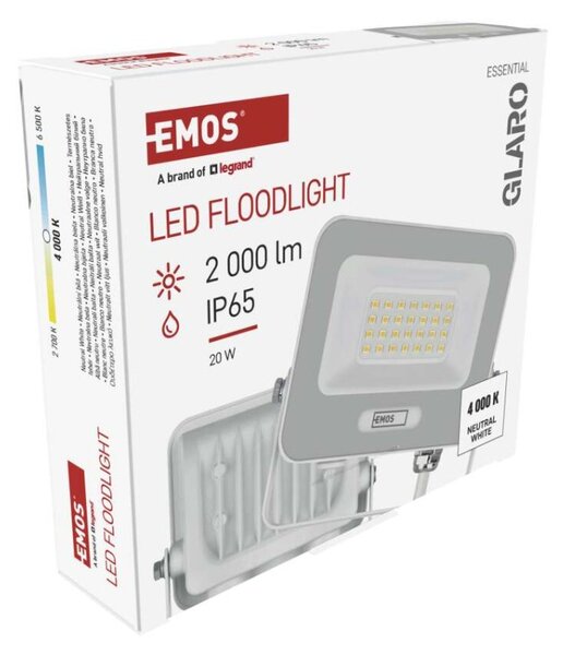 EMOS LED reflektor GLARO 20W, bílý, IP65, 2000 lm, neutrální bílá 1531222401
