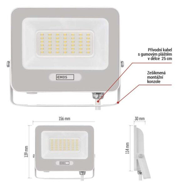 EMOS LED reflektor GLARO 30W, bílý, IP65, 3000 lm, neutrální bílá 1531223401