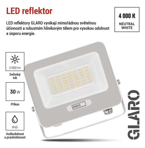 EMOS LED reflektor GLARO 30W, bílý, IP65, 3000 lm, neutrální bílá 1531223401