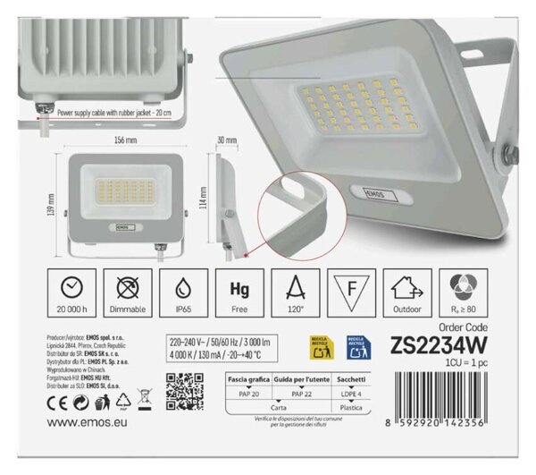 EMOS LED reflektor GLARO 30W, bílý, IP65, 3000 lm, neutrální bílá 1531223401