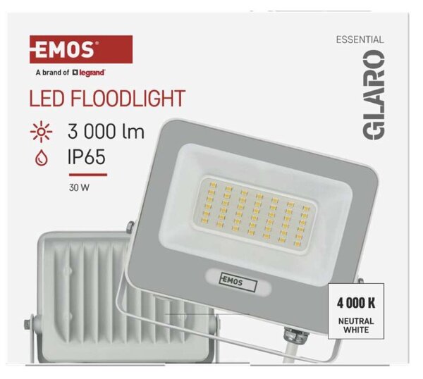 EMOS LED reflektor GLARO 30W, bílý, IP65, 3000 lm, neutrální bílá 1531223401