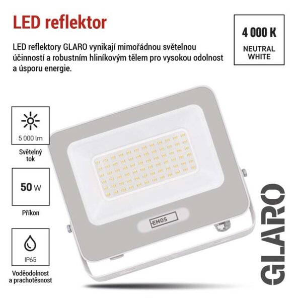 EMOS LED reflektor GLARO 50W, bílý, IP65, 5000 lm, neutrální bílá 1531224401