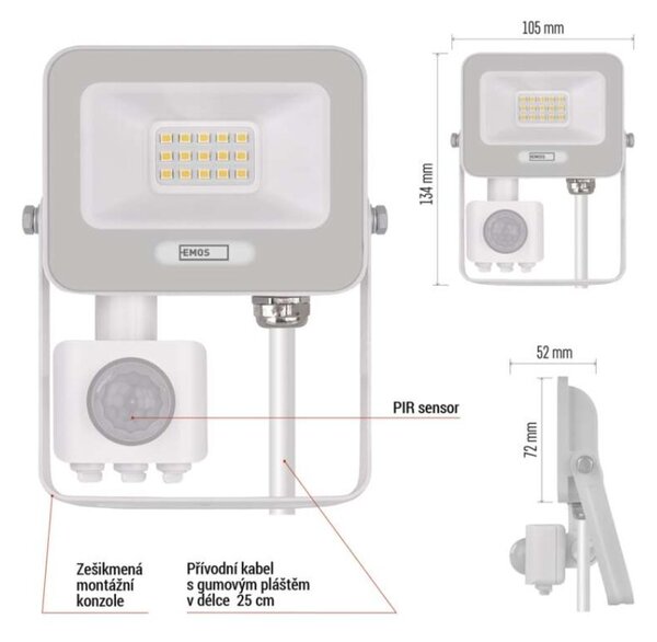 EMOS LED reflektor GLARO s pohybovým čidlem, 10 W, bílý, IP54, 1000 lm, neutrální bílá 1531231401