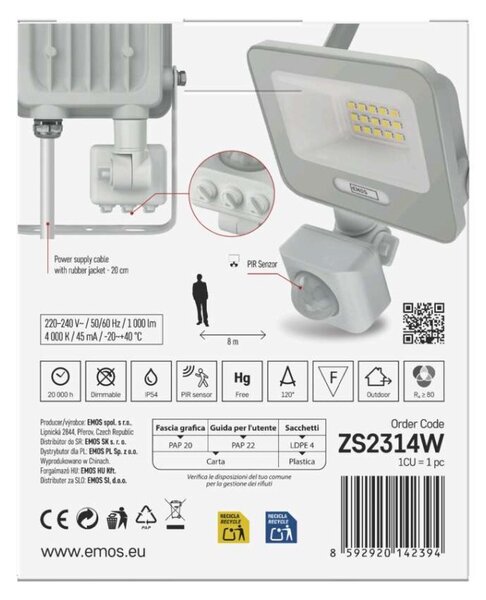EMOS LED reflektor GLARO s pohybovým čidlem, 10 W, bílý, IP54, 1000 lm, neutrální bílá 1531231401