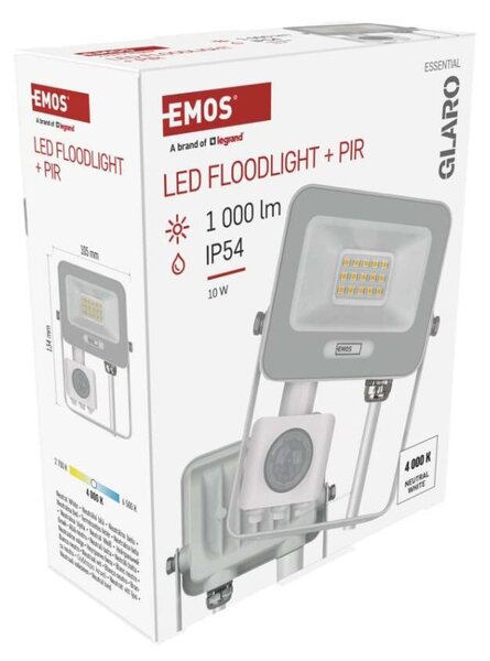 EMOS LED reflektor GLARO s pohybovým čidlem, 10 W, bílý, IP54, 1000 lm, neutrální bílá 1531231401