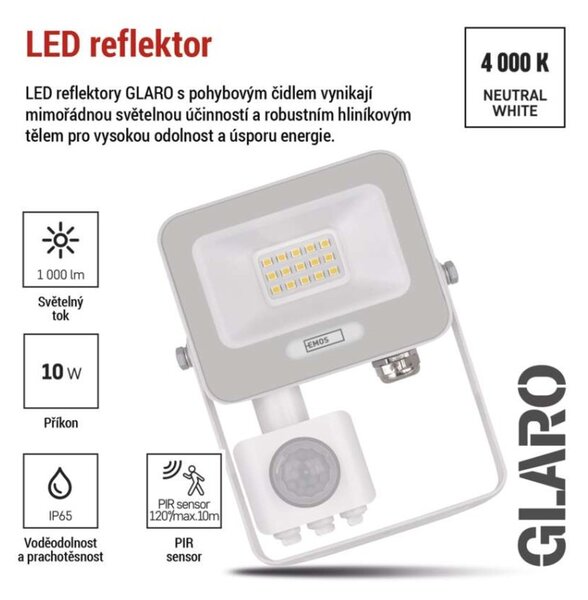 EMOS LED reflektor GLARO s pohybovým čidlem, 10 W, bílý, IP54, 1000 lm, neutrální bílá 1531231401