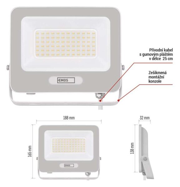 EMOS LED reflektor GLARO 50W, bílý, IP65, 5000 lm, neutrální bílá 1531224401