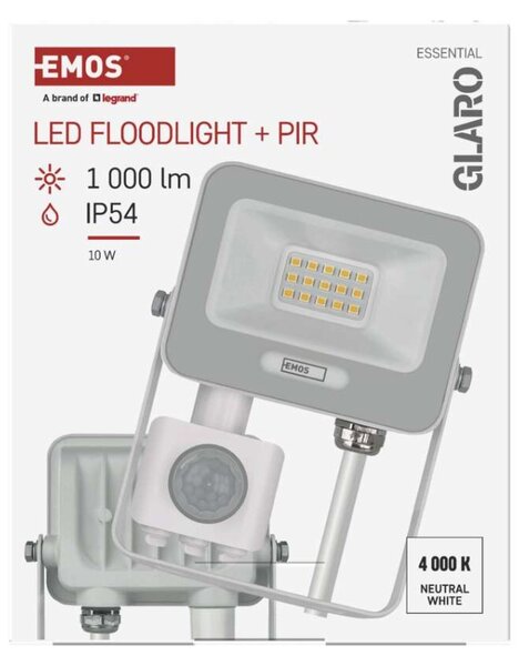 EMOS LED reflektor GLARO s pohybovým čidlem, 10 W, bílý, IP54, 1000 lm, neutrální bílá 1531231401