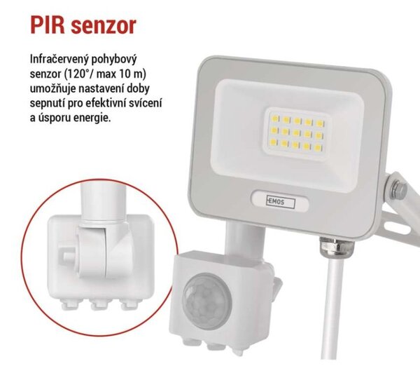 EMOS LED reflektor GLARO s pohybovým čidlem, 10 W, bílý, IP54, 1000 lm, neutrální bílá 1531231401