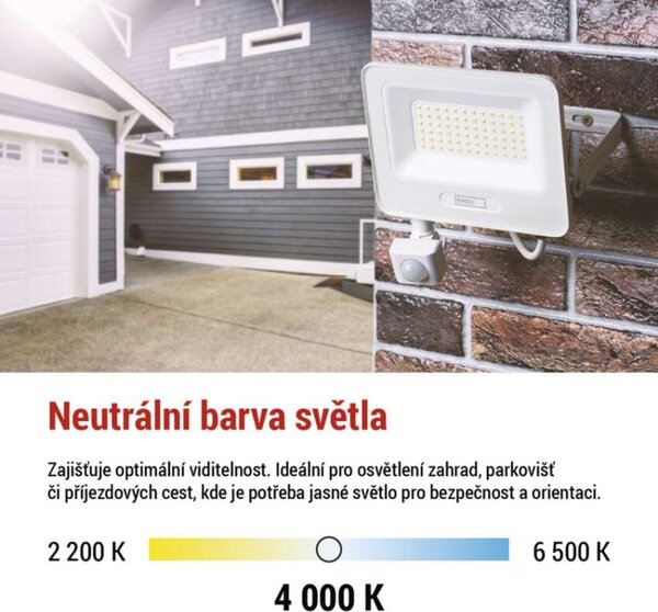 EMOS LED reflektor GLARO s pohybovým čidlem, 10 W, bílý, IP54, 1000 lm, neutrální bílá 1531231401