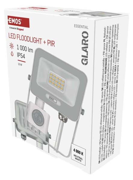 EMOS LED reflektor GLARO s pohybovým čidlem, 10 W, bílý, IP54, 1000 lm, neutrální bílá 1531231401