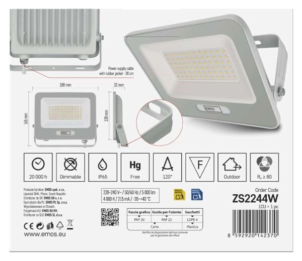 EMOS LED reflektor GLARO 50W, bílý, IP65, 5000 lm, neutrální bílá 1531224401