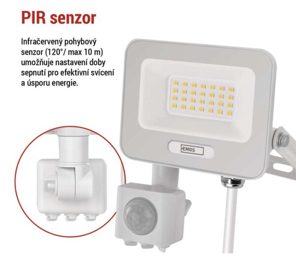 EMOS LED reflektor GLARO s pohybovým čidlem, 20 W, bílý, IP54, 2000 lm, neutrální bílá 1531232401