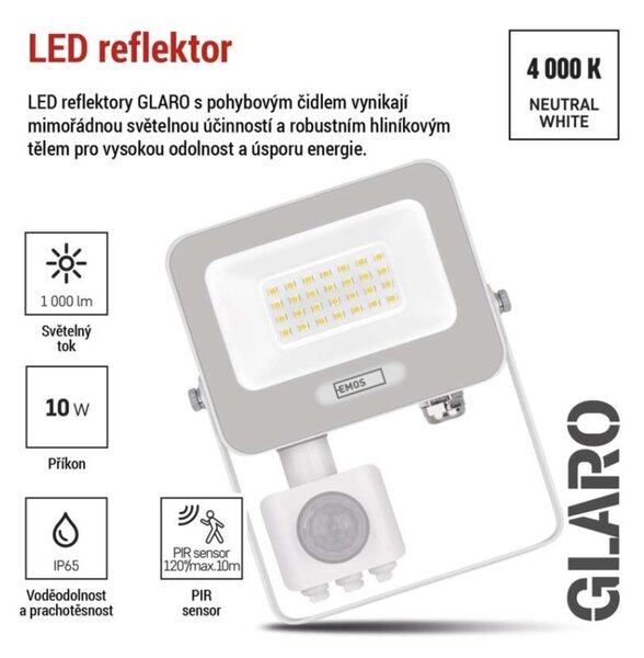 EMOS LED reflektor GLARO s pohybovým čidlem, 20 W, bílý, IP54, 2000 lm, neutrální bílá 1531232401