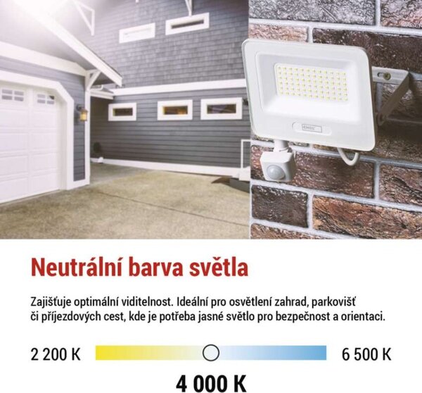 EMOS LED reflektor GLARO s pohybovým čidlem, 20 W, bílý, IP54, 2000 lm, neutrální bílá 1531232401