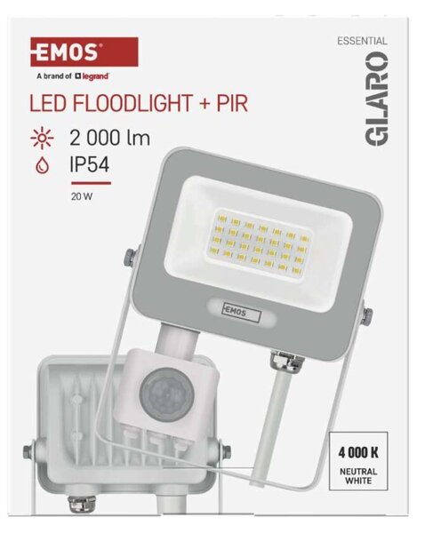 EMOS LED reflektor GLARO s pohybovým čidlem, 20 W, bílý, IP54, 2000 lm, neutrální bílá 1531232401