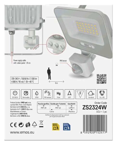 EMOS LED reflektor GLARO s pohybovým čidlem, 20 W, bílý, IP54, 2000 lm, neutrální bílá 1531232401