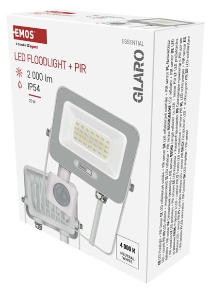 EMOS LED reflektor GLARO s pohybovým čidlem, 20 W, bílý, IP54, 2000 lm, neutrální bílá 1531232401