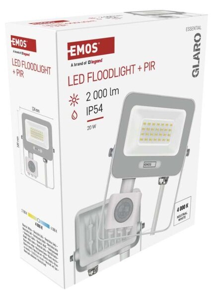 EMOS LED reflektor GLARO s pohybovým čidlem, 20 W, bílý, IP54, 2000 lm, neutrální bílá 1531232401
