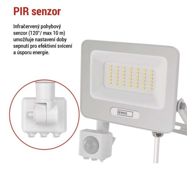 EMOS LED reflektor GLARO s pohybovým čidlem, 30 W, bílý, IP54, 3000 lm, neutrální bílá 1531233401