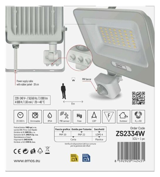 EMOS LED reflektor GLARO s pohybovým čidlem, 30 W, bílý, IP54, 3000 lm, neutrální bílá 1531233401