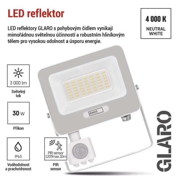 EMOS LED reflektor GLARO s pohybovým čidlem, 30 W, bílý, IP54, 3000 lm, neutrální bílá 1531233401