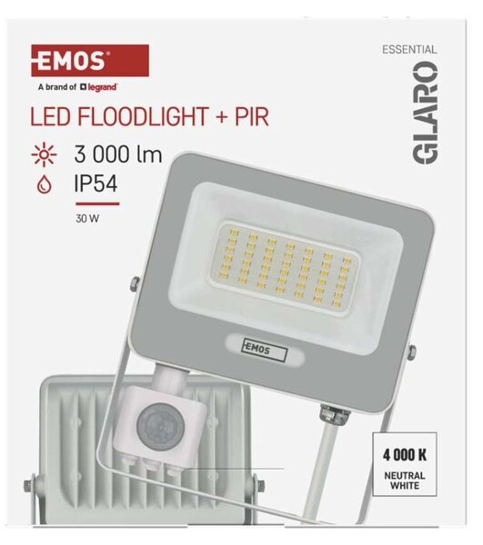 EMOS LED reflektor GLARO s pohybovým čidlem, 30 W, bílý, IP54, 3000 lm, neutrální bílá 1531233401