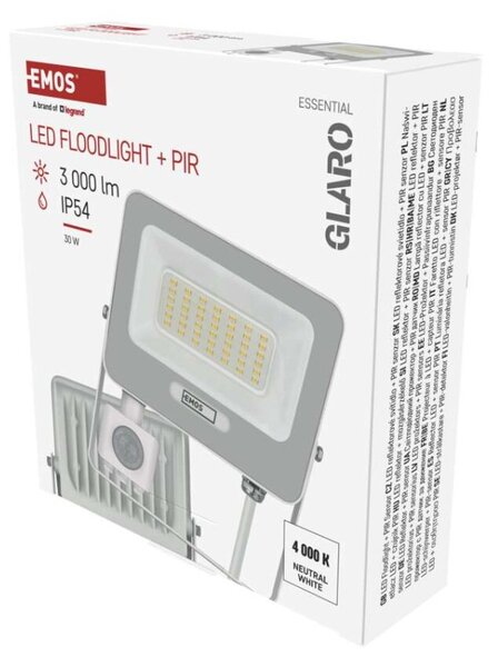 EMOS LED reflektor GLARO s pohybovým čidlem, 30 W, bílý, IP54, 3000 lm, neutrální bílá 1531233401